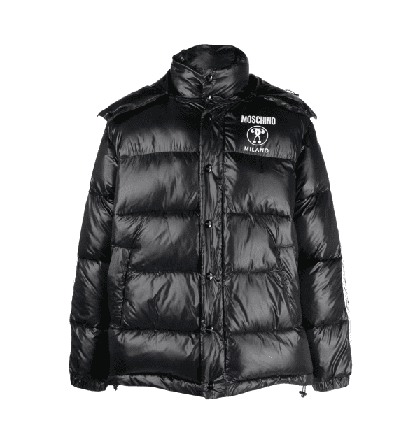 Moschino padded hooded jacket in black with white detailing, available at Lestyle Boutique Melbourne
