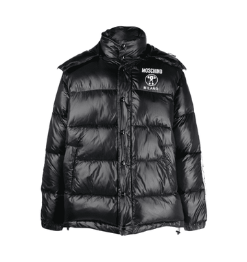 Moschino padded hooded jacket in black with white detailing, available at Lestyle Boutique Melbourne