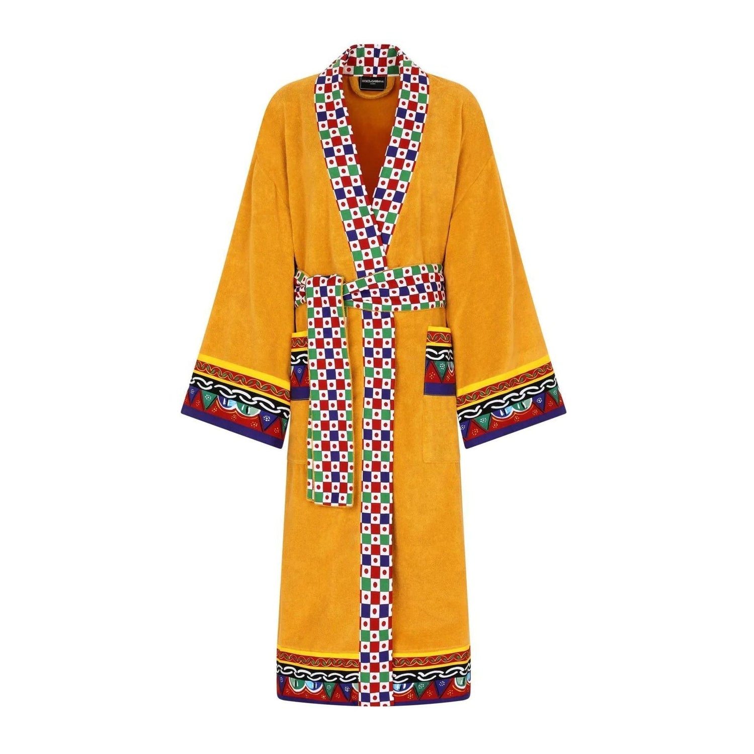 Dolce & Gabbna Yellow robe with colorful patterned tie on a white background