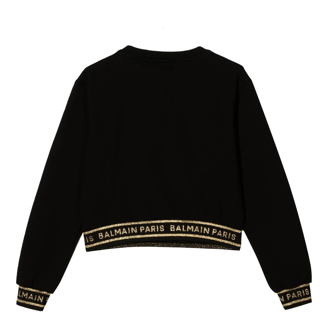 Balmain kids sweatshirt in black featuring a metallic logo print and stylish design elements. This premium piece showcases a classic crew neck and long sleeves, perfect for a trendy yet comfortable look. The high-quality craftsmanship is evident in the luxurious fabric and attention to detail, making it an ideal choice for young fashionistas. Perfect for casual outings or stylish playdates, available at Lestyle Boutique Melbourne.