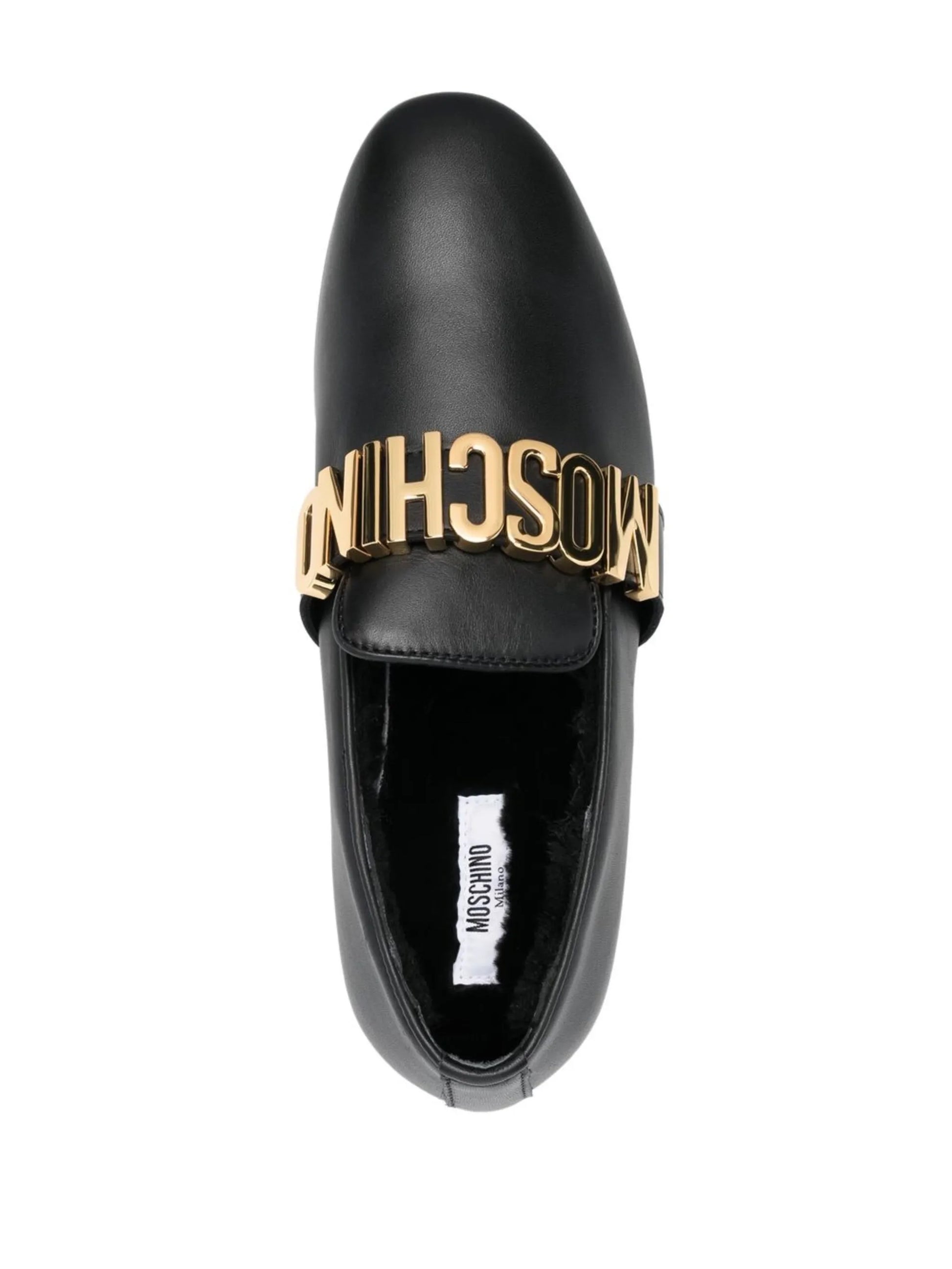 Moschino black leather loafers featuring gold-tone logo plaque available at Lestyle Boutique Melbourne