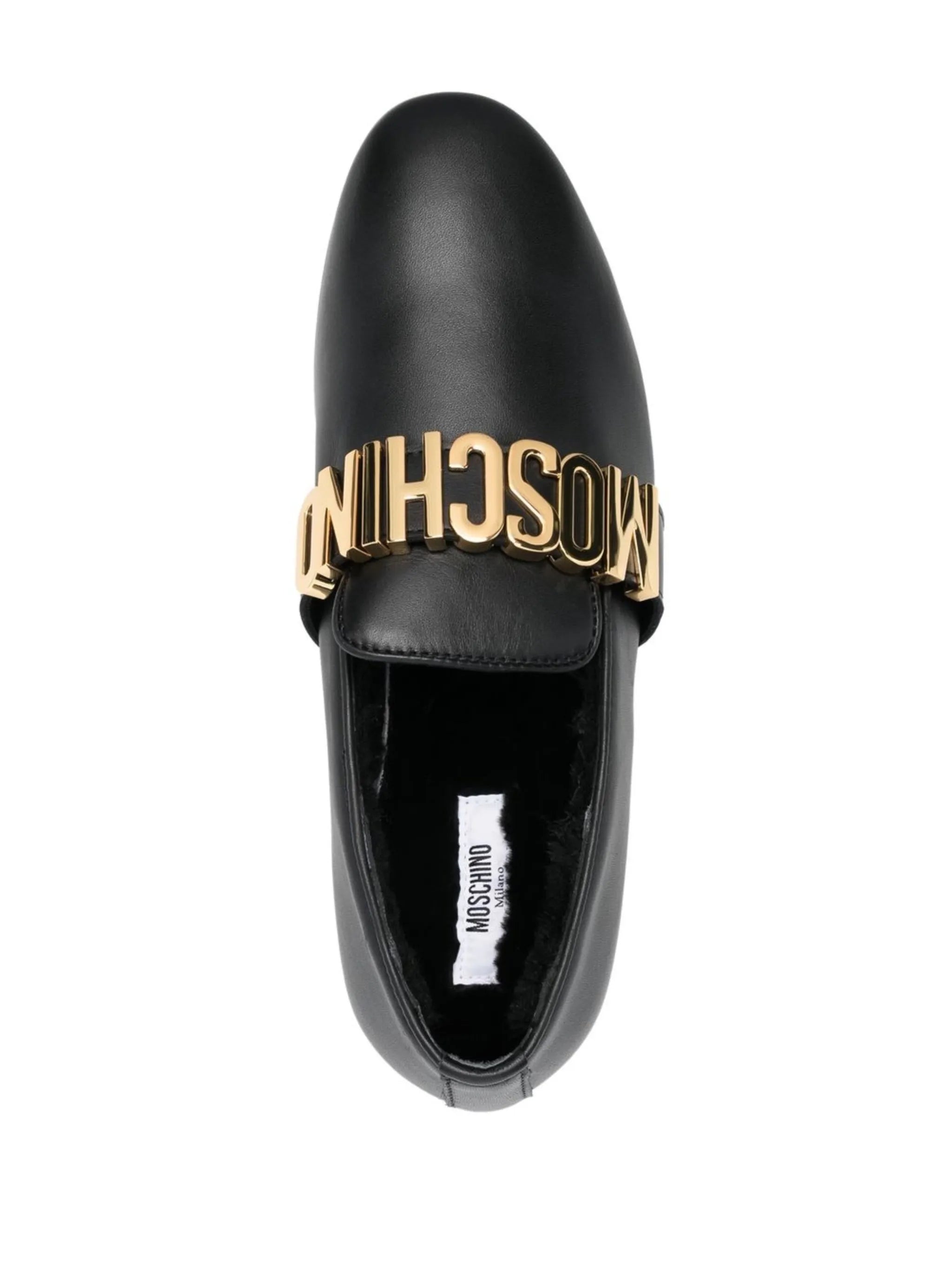 Moschino black leather loafers featuring gold-tone logo plaque available at Lestyle Boutique Melbourne