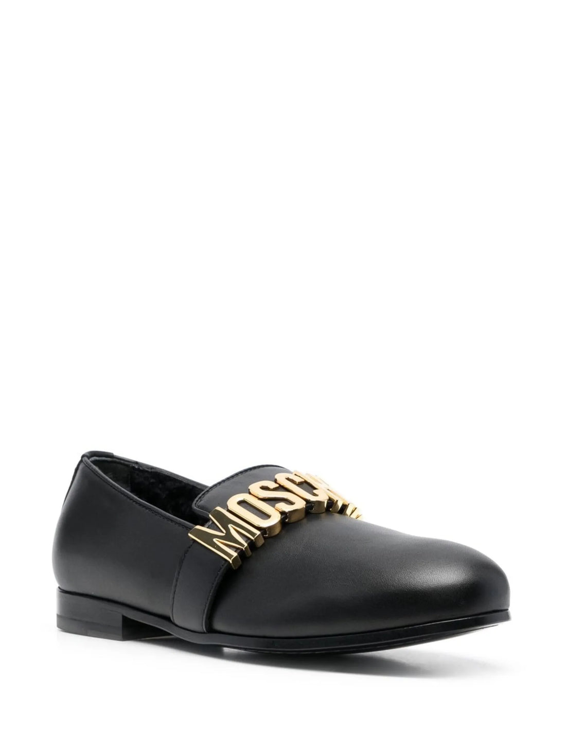 Moschino black leather loafers featuring gold-tone logo plaque available at Lestyle Boutique Melbourne