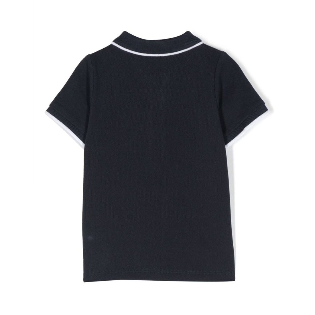 BOSS Kidswear piqué polo shirt in navy blue, with a logo print and contrasting collar, available at Lestyle Boutique.