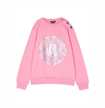 Balmain kids sweatshirt in a vibrant pink hue, featuring a striking logo print on the front. This stylish piece is designed with long sleeves and a comfortable straight hem, perfect for active young ones. The premium quality fabric ensures durability and comfort, making it ideal for everyday wear or special occasions. With button fastening at the shoulder for easy dressing, this luxury designer item is a must-have for fashion-forward kids, available at Lestyle Boutique Melbourne.