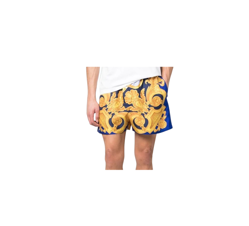 Blue shorts with gold baroque pattern on a white background , Lestyle boutique