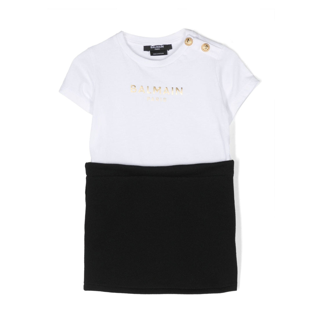 Stylish Balmain kids logo-print cotton dress set featuring a chic black and white design. The premium cotton fabric ensures comfort and breathability for little ones. This designer outfit includes a round neck and short sleeves, perfect for warm weather. The set is completed with matching bloomers, making it an ideal choice for casual outings or special occasions. Elevate your child's wardrobe with this luxury piece, available at Lestyle Boutique Melbourne.