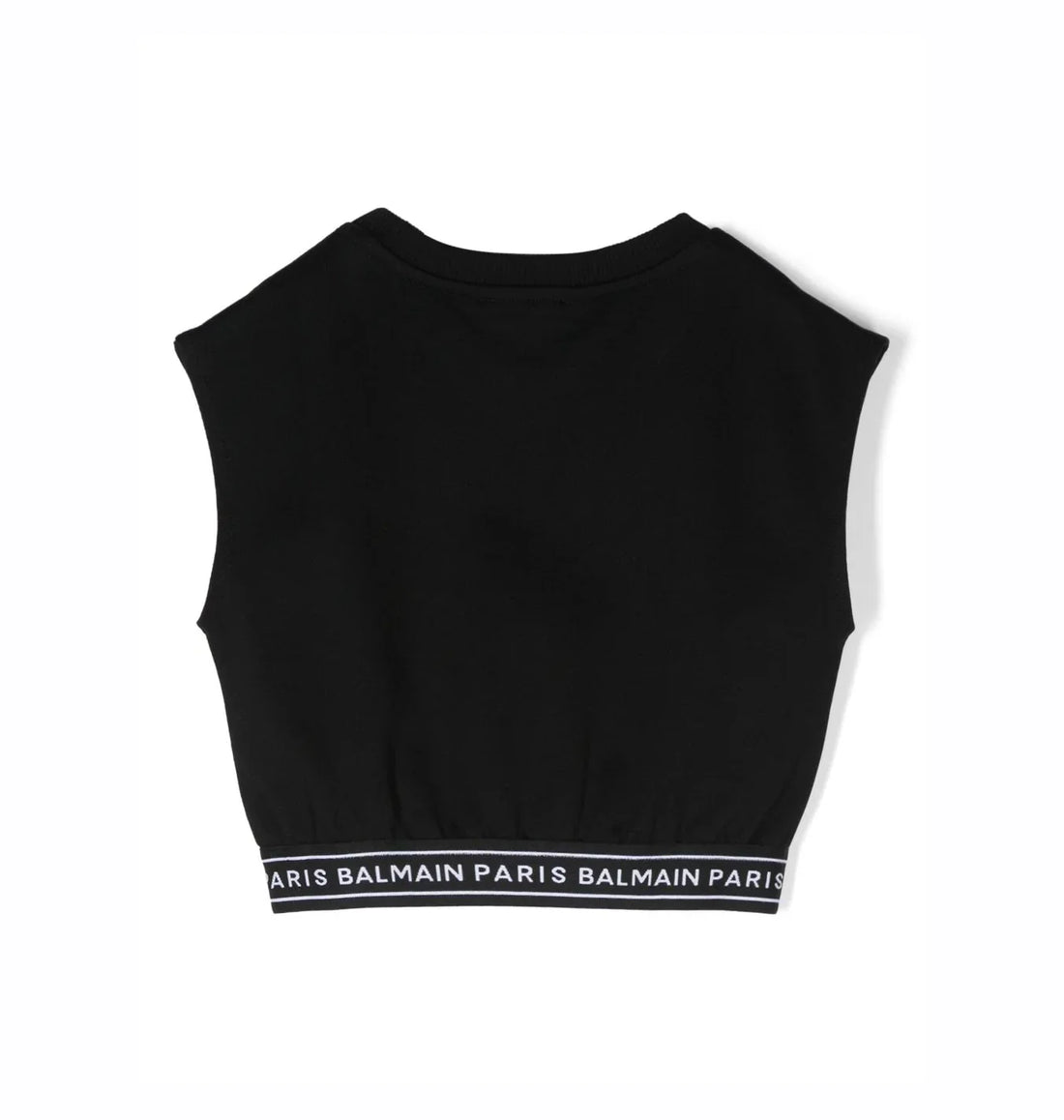 Stylish Balmain kids cropped black cotton top featuring a distinctive logo print along the hem. This premium designer piece is designed for comfort and style, perfect for young fashion enthusiasts. The straight hem and soft cotton material ensure a comfortable fit, making it ideal for casual outings or playdates. Elevate your child's wardrobe with this luxury item, available at Lestyle Boutique Melbourne.