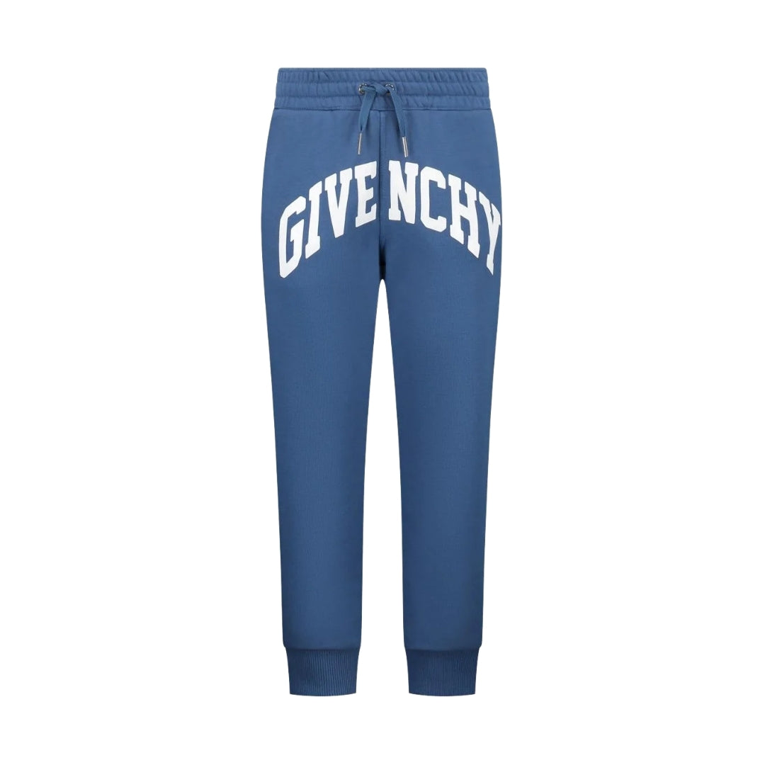Givenchy Kids blue organic cotton blend logo-printed drawstring track pants with a white 'GIVENCHY' logo on the front, made in Tunisia, available at Lestyle Boutique 136 Little Collins St.
