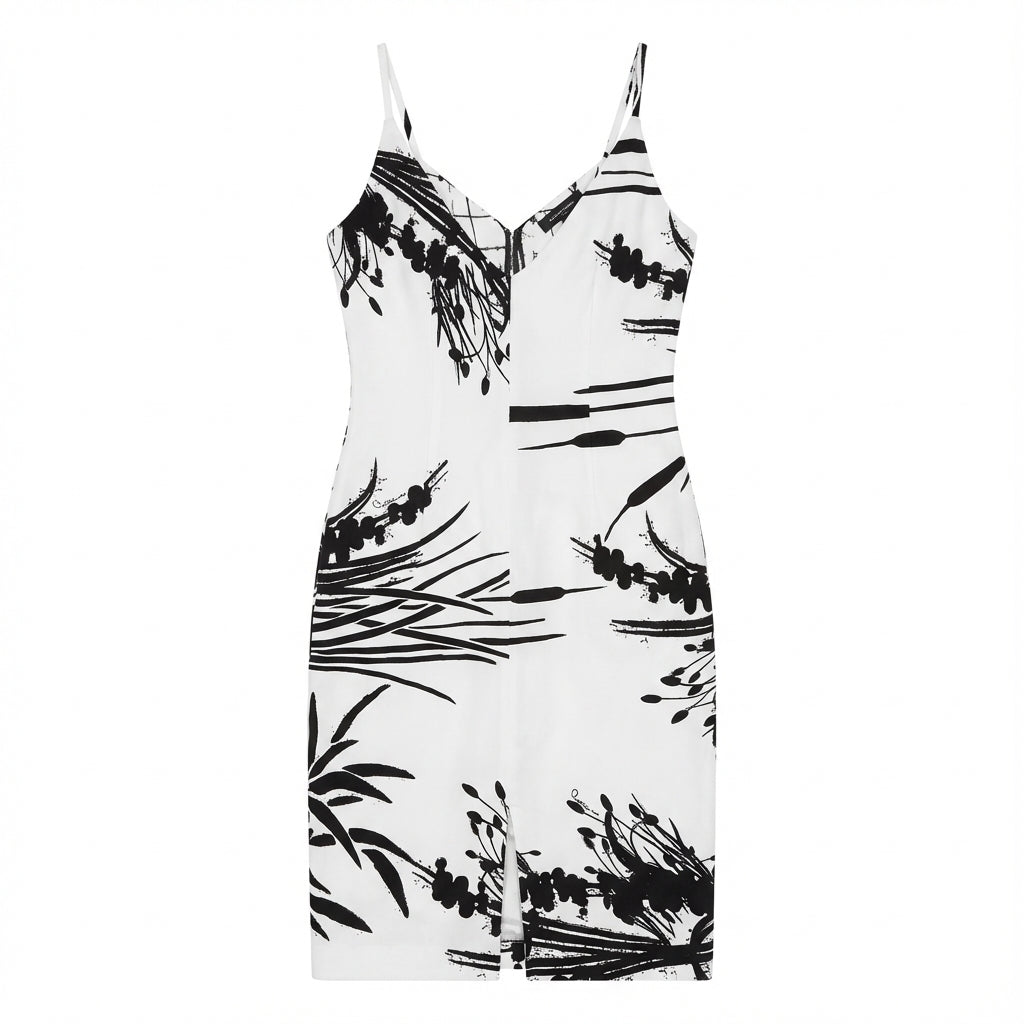 Roberto Cavalli dress featuring bold black-and-white abstract botanical print available at Lestyle Boutique Melbourne