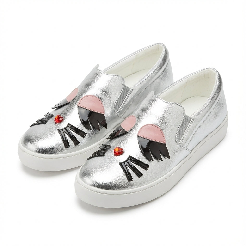 Karl Lagerfeld slip-on sneakers with metallic finish and cat-face motif available at Lestyle Boutique Melbourne