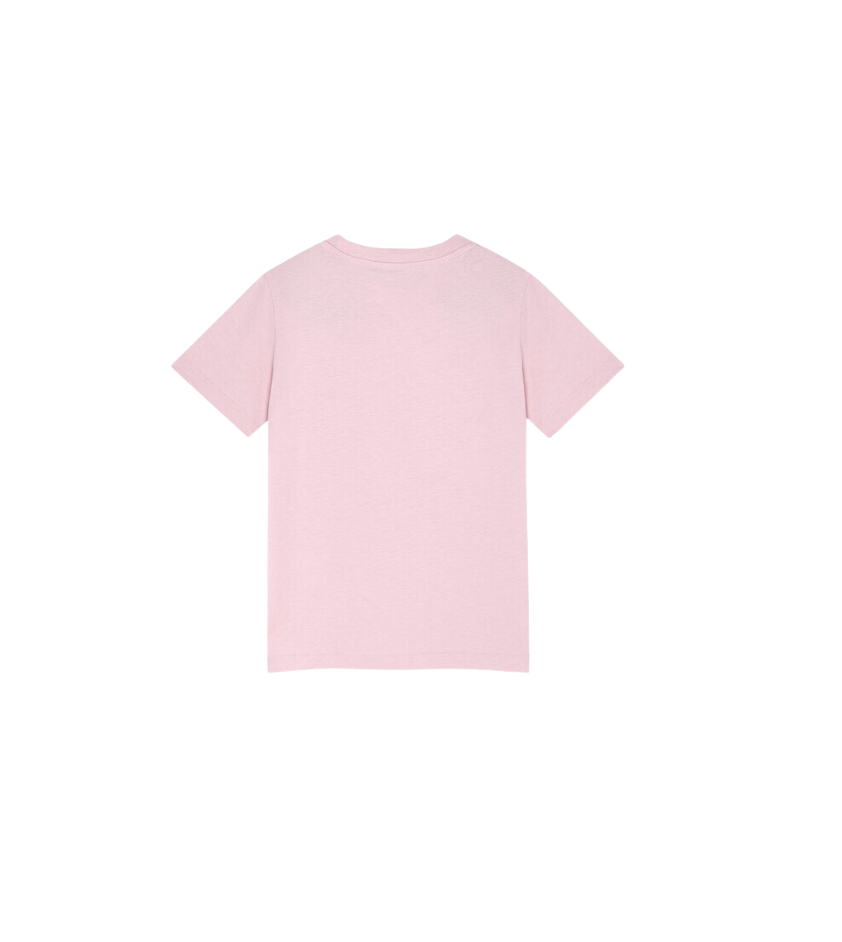 Pink t-shirt with a white logo on a white background