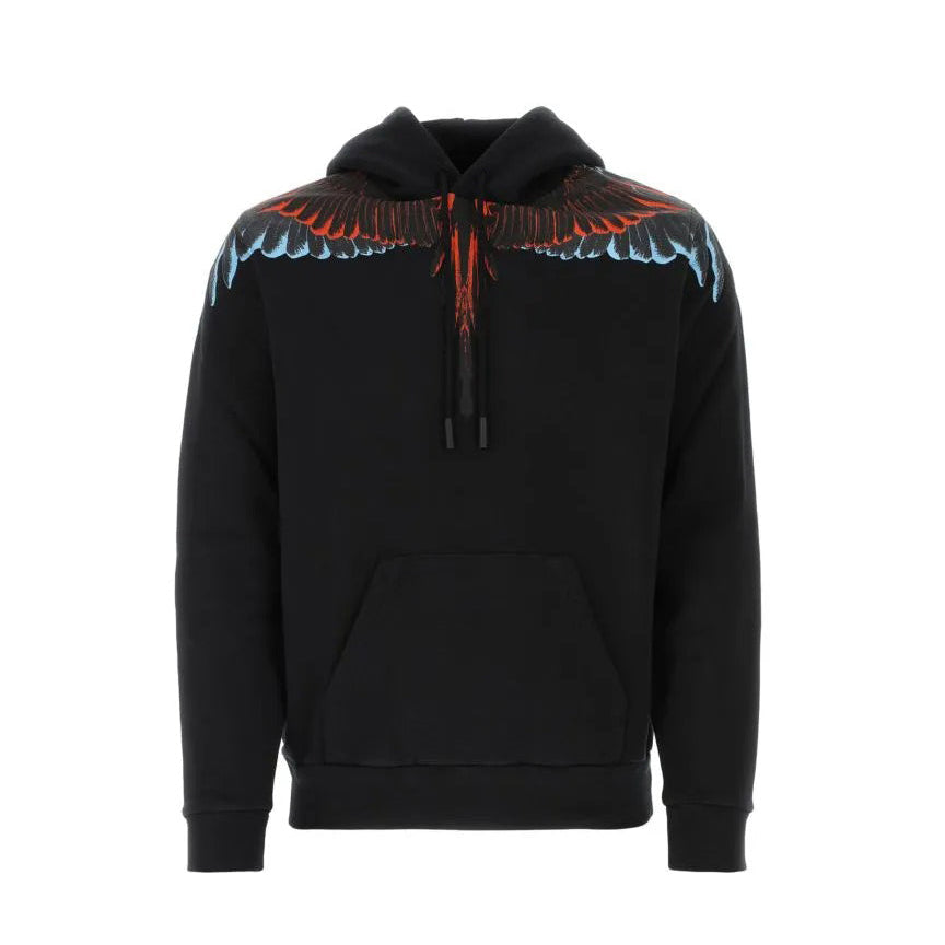 Black Marcelo Burlon hoodie with colorful shoulder designs on a white background