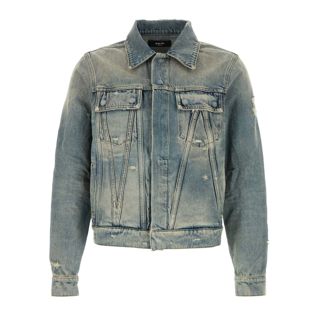 A classic blue denim jacket by AMIRI, available at Lestyle Boutique. Crafted from 100% cotton, this jacket features a timeless design with a washed finish, button-up closure, and chest flap pockets.