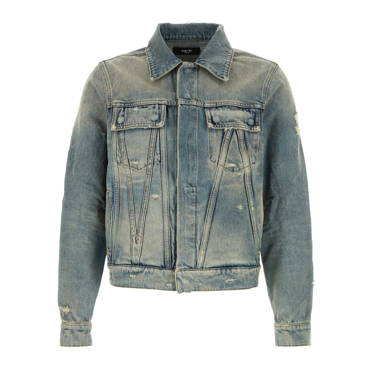 A classic blue denim jacket by AMIRI, available at Lestyle Boutique. Crafted from 100% cotton, this jacket features a timeless design with a washed finish, button-up closure, and chest flap pockets.