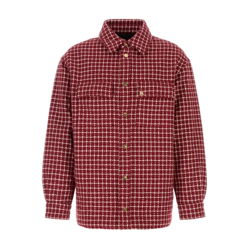 A deep red bouclé jacket by AMIRI, available at Lestyle Boutique. Featuring checked embroidery, MA metal detailing, and a classic buttoned design, this jacket is both stylish and functional.