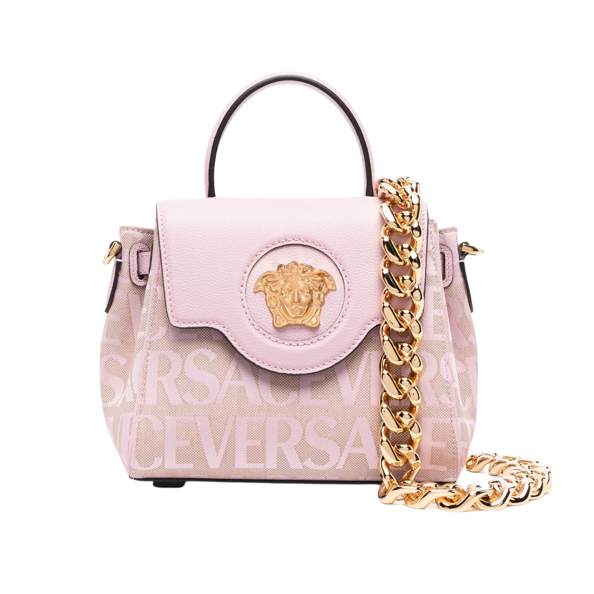 Pink Versace handbag with gold chain on a white background