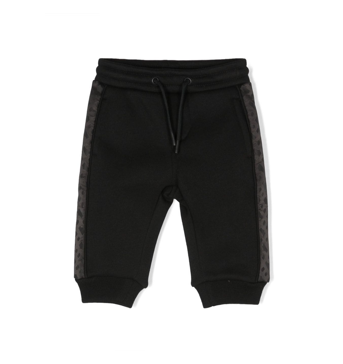BOSS kidswear black stretch-cotton pants featuring a stylish monogram pattern and side stripe detailing. These premium designer pants offer a comfortable fit with an elasticated drawstring waistband and elasticated ankles, perfect for active toddlers. Ideal for casual outings or playdates, these pants combine luxury and functionality, available at Lestyle Boutique Melbourne.
