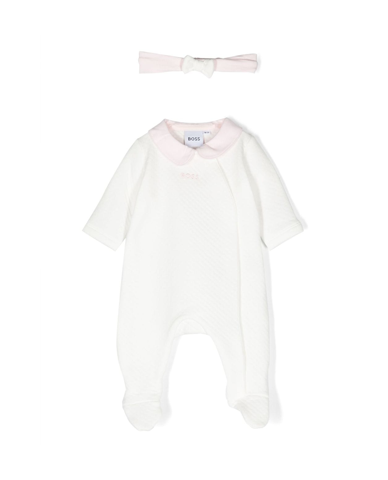 BOSS KIDSWEAR pyjama set featuring a soft white fabric with an embroidered logo on the front. This luxury children's sleepwear includes a classic hood and front zip fastening for easy wear. The design is complemented by ribbed cuffs and hem, elasticated waistbands, and tapered legs for a comfortable fit. Perfect for cozy nights, this premium set is ideal for young ones who appreciate style and comfort, available at Lestyle Boutique Melbourne.