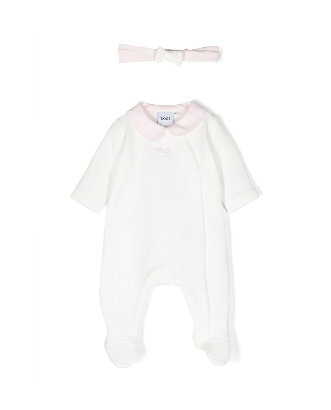 BOSS KIDSWEAR pyjama set featuring a soft white fabric with an embroidered logo on the front. This luxury children's sleepwear includes a classic hood and front zip fastening for easy wear. The design is complemented by ribbed cuffs and hem, elasticated waistbands, and tapered legs for a comfortable fit. Perfect for cozy nights, this premium set is ideal for young ones who appreciate style and comfort, available at Lestyle Boutique Melbourne.