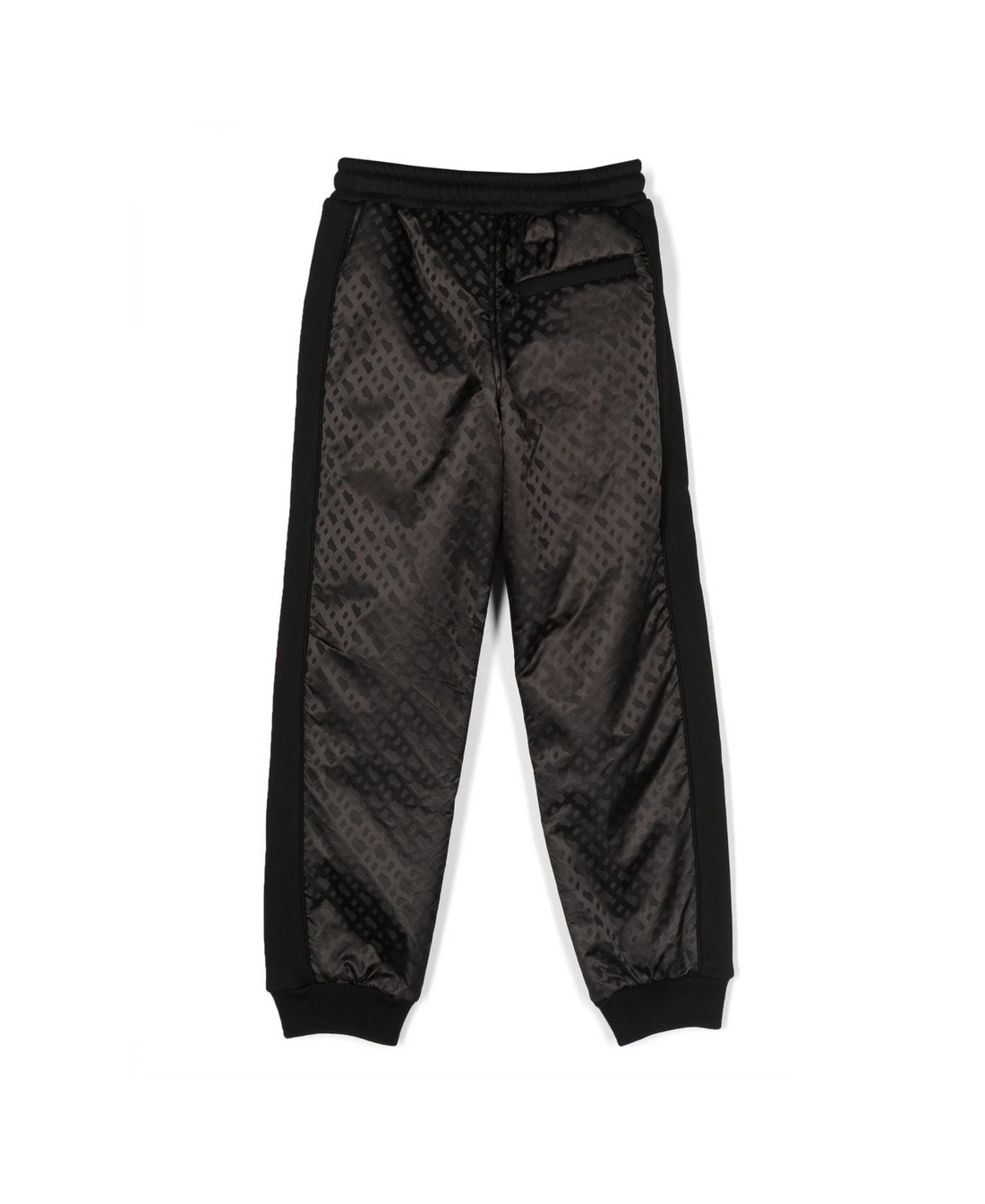 BOSS KIDS black track pants featuring a stylish mesh design and elasticated drawstring waistband. These premium children's pants are designed for comfort with ribbed cuffs and a straight leg fit. Ideal for active kids, these pants are perfect for casual outings or playdates, available at Lestyle Boutique Melbourne.