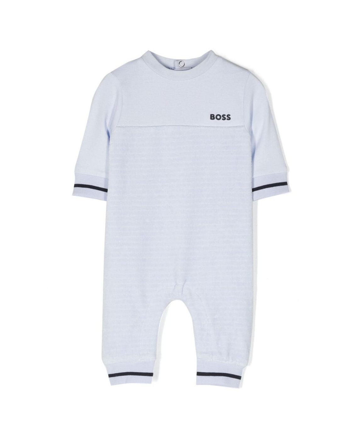 BOSS kidswear body featuring a stylish horizontal stripe pattern in soft, premium fabric. This designer piece includes an embroidered logo at the chest and a comfortable crew neck design, perfect for little ones. The long sleeves and straight leg fit ensure ease of movement, making it ideal for everyday wear or special occasions. Crafted with attention to detail, this luxury item is designed for comfort and style, available at Lestyle Boutique Melbourne.
