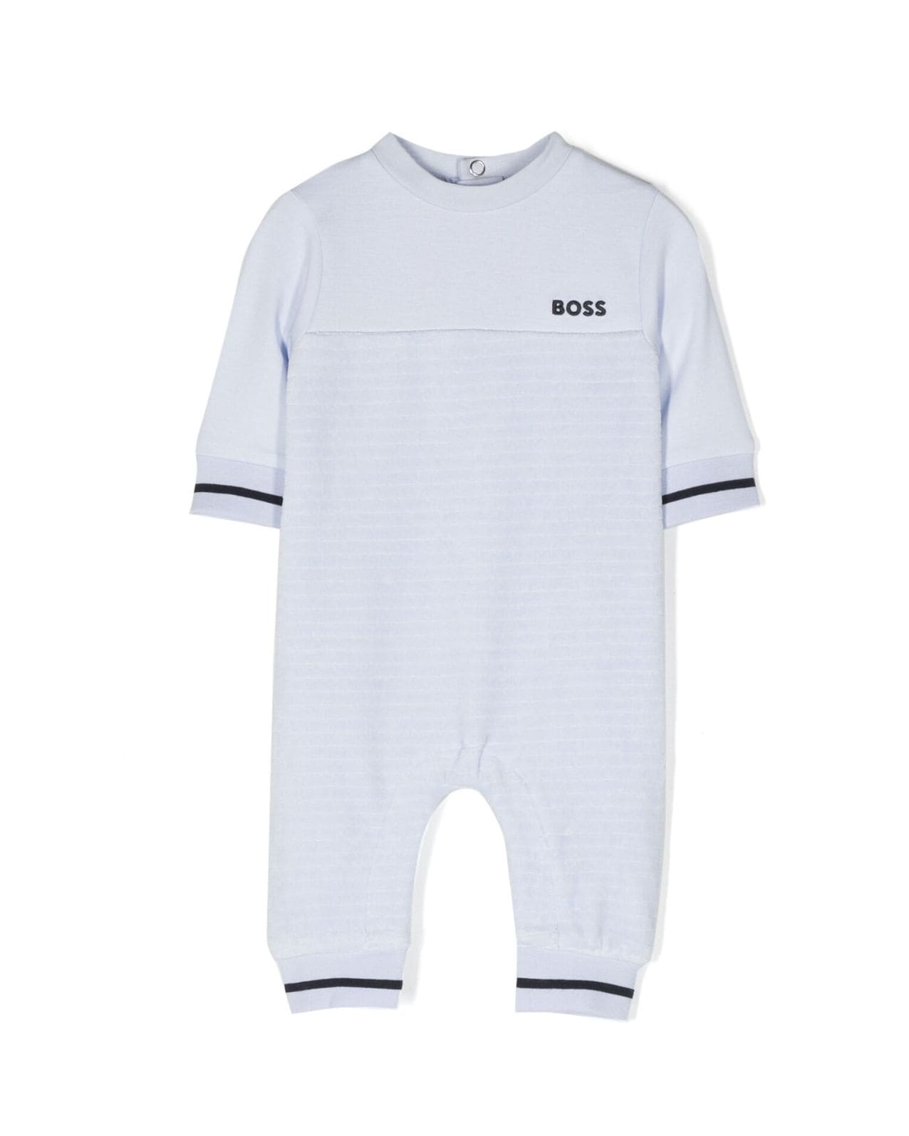 BOSS kidswear body featuring a stylish horizontal stripe pattern in soft, premium fabric. This designer piece includes an embroidered logo at the chest and a comfortable crew neck design, perfect for little ones. The long sleeves and straight leg fit ensure ease of movement, making it ideal for everyday wear or special occasions. Crafted with attention to detail, this luxury item is designed for comfort and style, available at Lestyle Boutique Melbourne.
