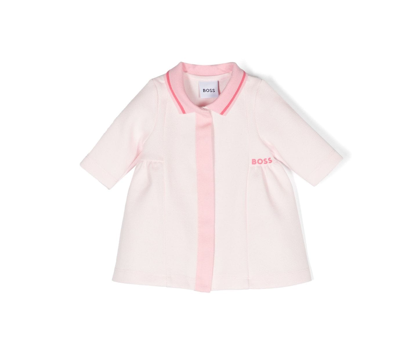 BOSS kidswear polo dress in light pink, crafted from a premium cotton blend with a piqué weave. This stylish dress features an embroidered logo at the chest and a classic polo collar, ensuring a chic yet comfortable fit for young girls. The short sleeves and straight hem add a playful touch, making it perfect for casual outings or special occasions. Designed for quality and style, this luxury piece is a must-have for any fashionable child's wardrobe, available at Lestyle Boutique Melbourne.