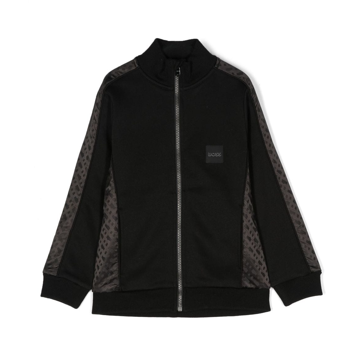 Black jacket with patterned sleeves on a white background