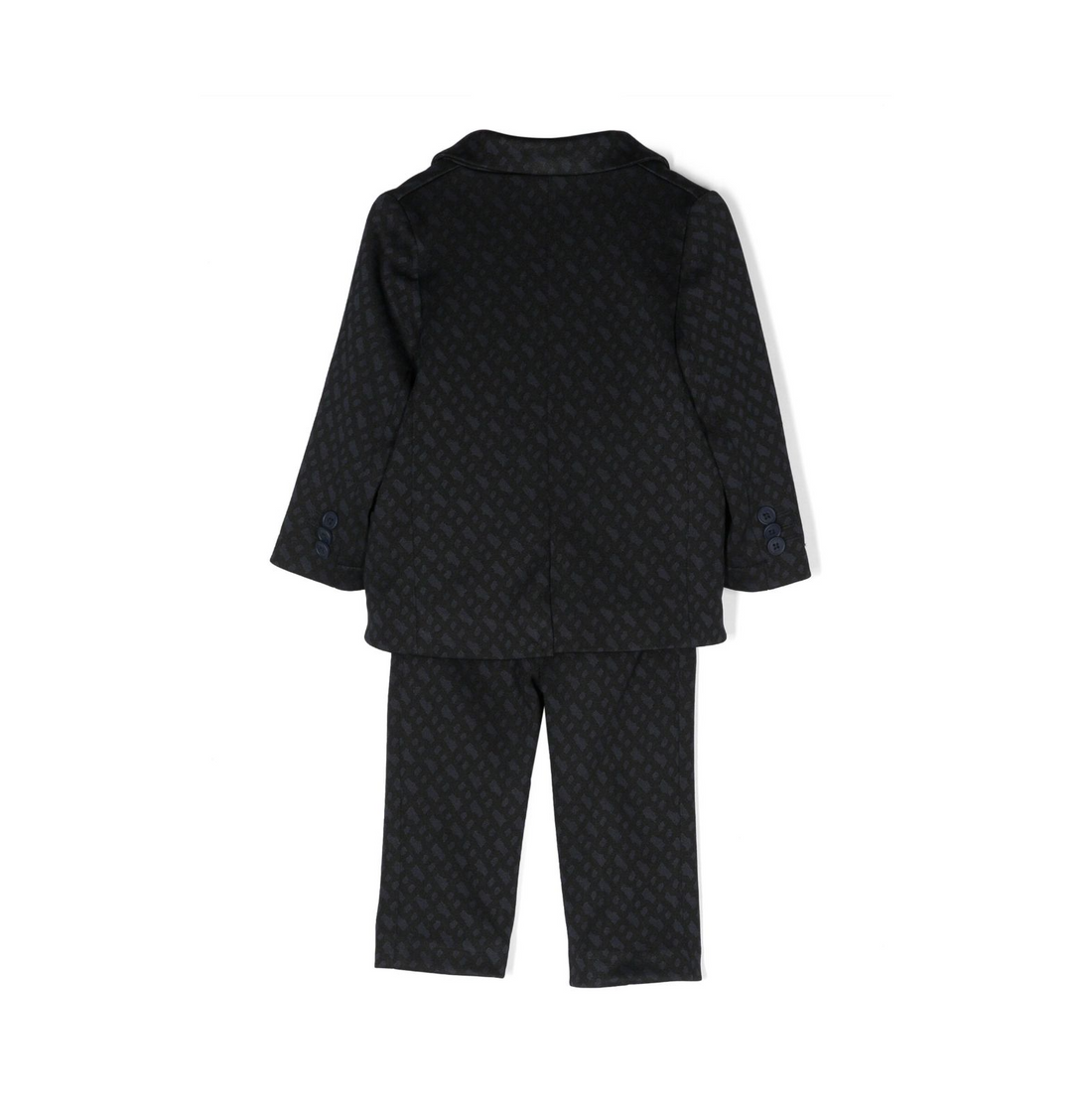 BOSS kidswear monogram single-breasted suit featuring a stylish embossed lining pattern. This premium black suit is designed for young boys, showcasing classic lapels and long sleeves for a sophisticated look. The front button fastening and three front pockets add functionality, while the straight-leg design ensures a modern fit. Perfect for formal occasions or special events, this luxury piece combines quality craftsmanship with a designer aesthetic, available at Lestyle Boutique Melbourne.