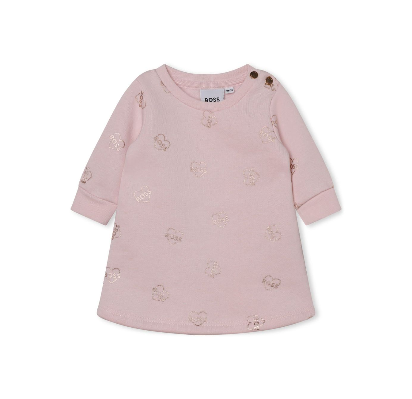 BOSS KIDSWEAR pale pink cotton dress featuring an all-over logo print with a metallic finish. This stylish crew neck design includes long sleeves, ribbed cuffs, and a curved hem, making it perfect for casual outings or special occasions. The heart motif adds a playful touch, while the button fastening at the shoulder ensures easy dressing. Crafted from high-quality organic cotton blend, this dress is both comfortable and fashionable for young girls, available at Lestyle Boutique Melbourne.