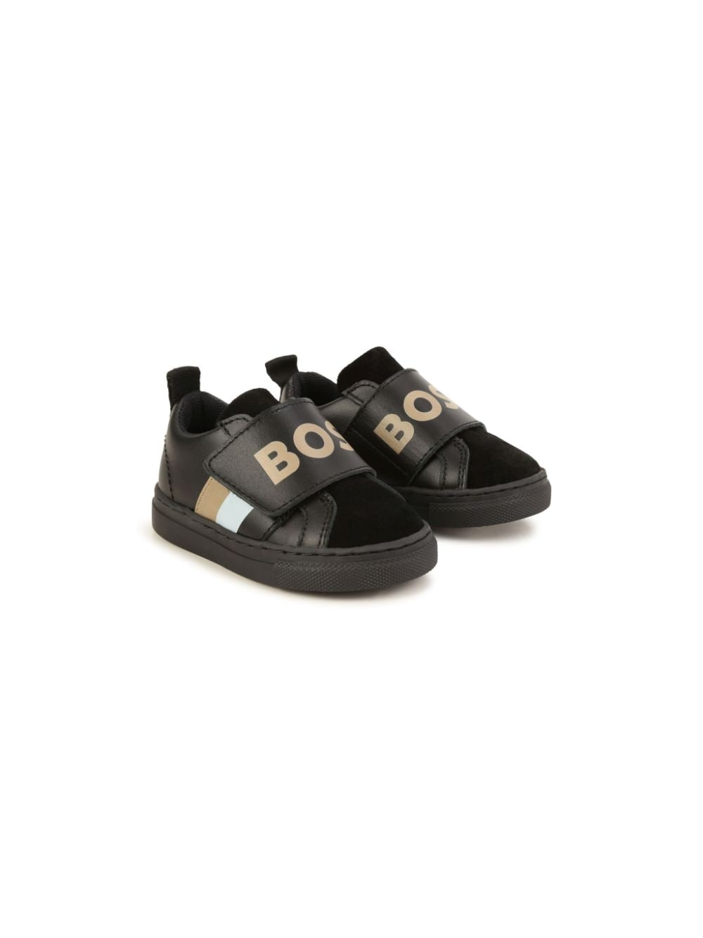 BOSS kidswear sneakers featuring a stylish black design with logo print and striped detailing. These premium children's shoes offer a comfortable fit with a round toe and front touch-strap fastening for easy wear. Crafted with high-quality materials, they showcase a branded leather insole and a durable flat rubber sole, making them perfect for active kids. Ideal for casual outings or playdates, these sneakers combine luxury and practicality, available at Lestyle Boutique Melbourne.