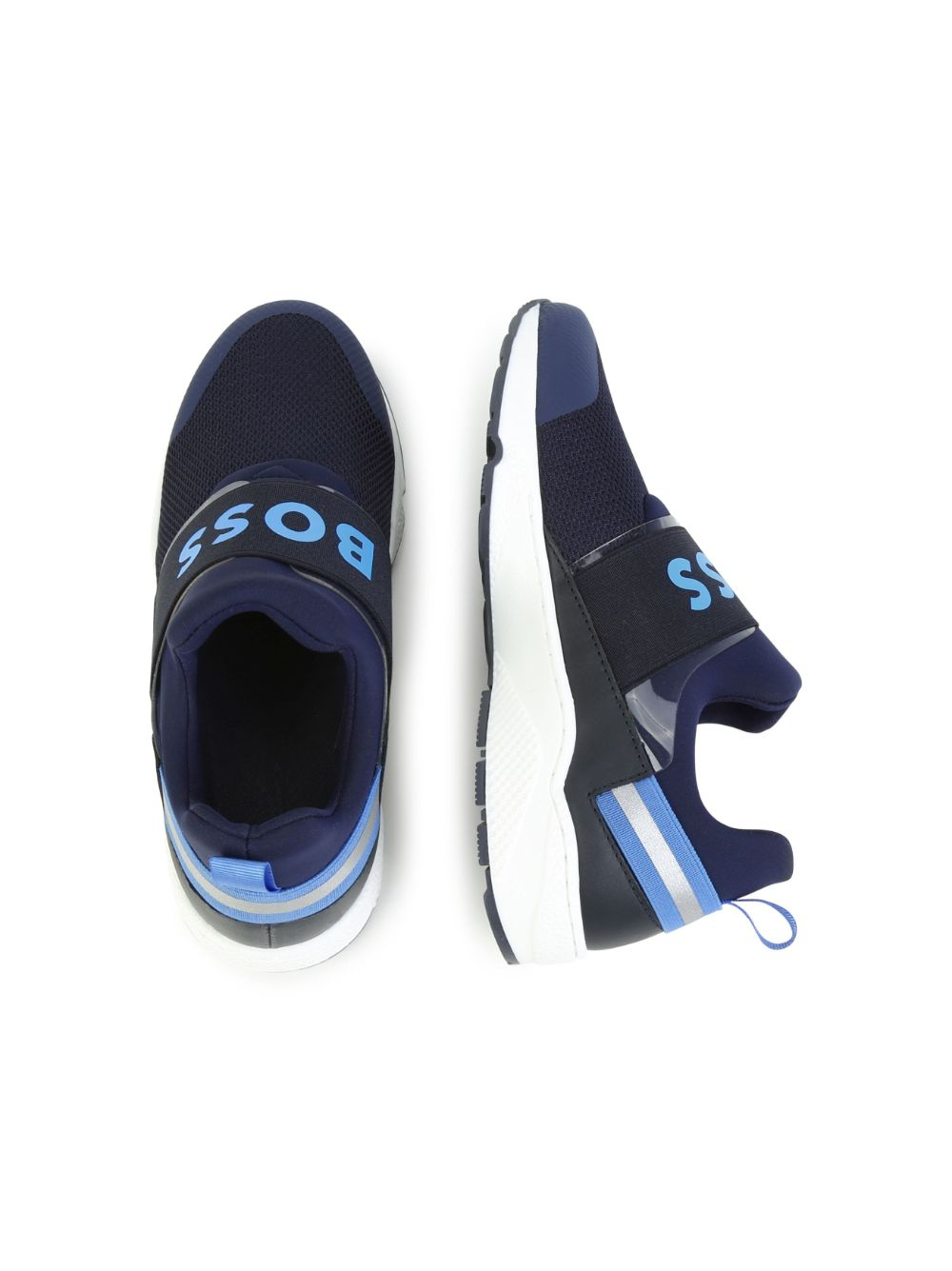 BOSS KIDSWEAR logo-print slip-on sneakers featuring a stylish navy design with blue accents. These premium children's shoes are crafted for comfort and style, showcasing a round toe and a slip-on style for easy wear. The high-quality materials ensure durability, making them perfect for active kids. Ideal for casual outings or playdates, these sneakers combine functionality with a trendy look, available at Lestyle Boutique Melbourne.