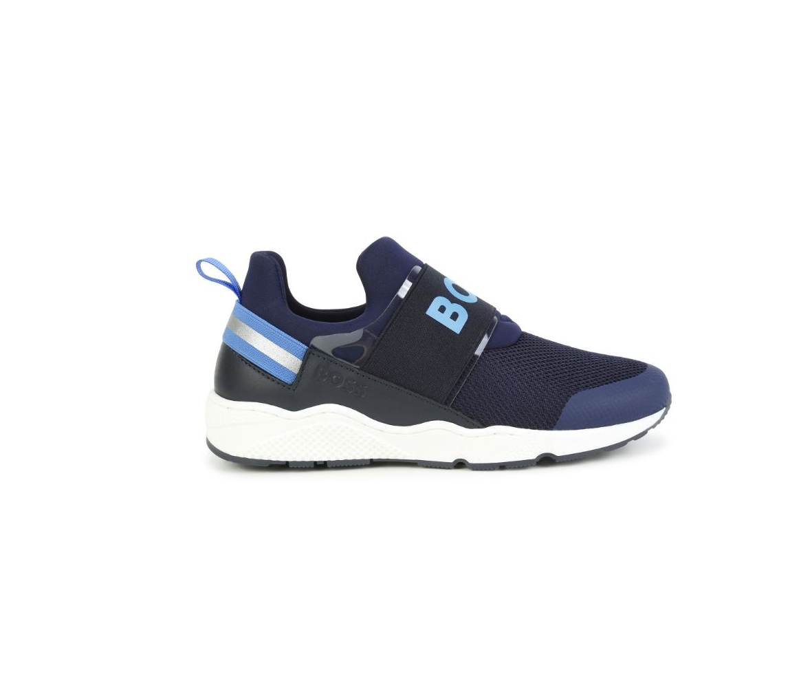 BOSS KIDSWEAR logo-print slip-on sneakers featuring a stylish navy design with blue accents. These premium children's shoes are crafted for comfort and style, showcasing a round toe and a slip-on style for easy wear. The high-quality materials ensure durability, making them perfect for active kids. Ideal for casual outings or playdates, these sneakers combine functionality with a trendy look, available at Lestyle Boutique Melbourne.