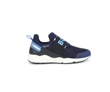 BOSS KIDSWEAR logo-print slip-on sneakers featuring a stylish navy design with blue accents. These premium children's shoes are crafted for comfort and style, showcasing a round toe and a slip-on style for easy wear. The high-quality materials ensure durability, making them perfect for active kids. Ideal for casual outings or playdates, these sneakers combine functionality with a trendy look, available at Lestyle Boutique Melbourne.