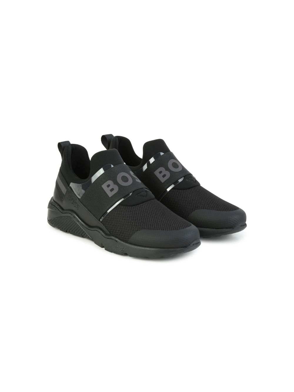 BOSS kidswear sneakers featuring a sleek black design with a logo print. These premium slip-on shoes are crafted for comfort and style, perfect for active children. The round toe and pull-tab at the heel ensure easy wear, while the rubber sole provides durability. Ideal for casual outings or playdates, these sneakers combine functionality with a trendy aesthetic, available at Lestyle Boutique Melbourne.