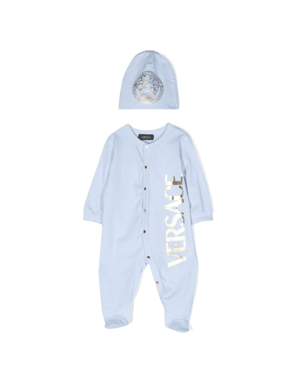 Versace Kids Romper Set featuring logo-print cotton in light blue available at Lestyle Boutique Melbourne