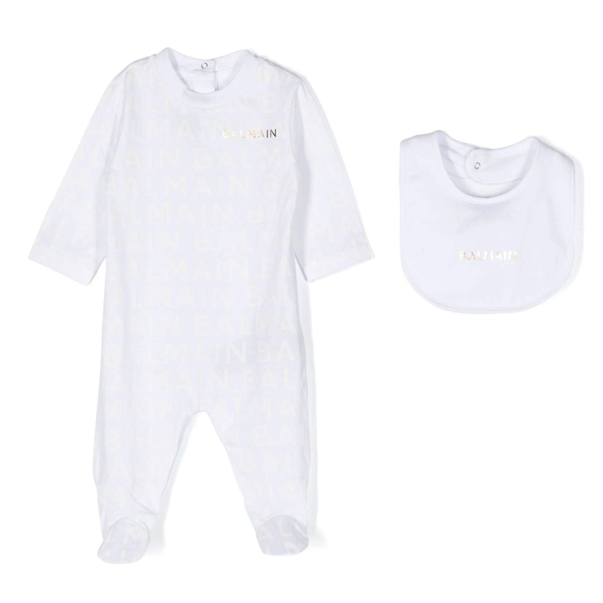 Balmain kids cotton baby grow set featuring a stylish all-over logo print in soft jersey texture. This premium designer outfit includes a round neck and long sleeves, perfect for comfort and style. The set comes with booties and a bib, making it ideal for little ones. Crafted with high-quality materials, this luxury piece is perfect for any occasion, available at Lestyle Boutique Melbourne.