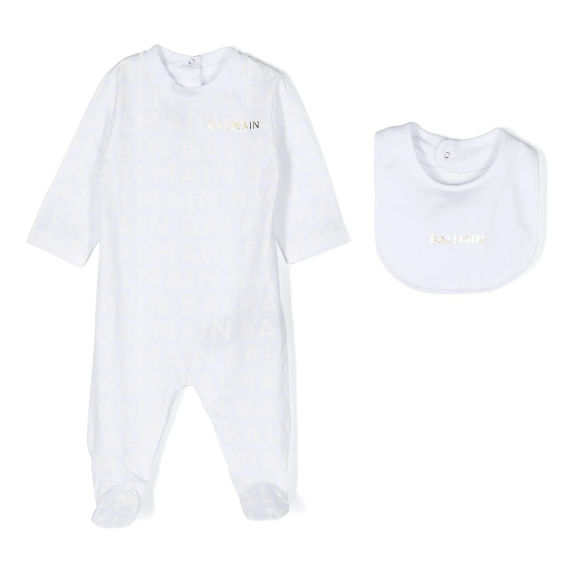 Balmain kids cotton baby grow set featuring a stylish all-over logo print in soft jersey texture. This premium designer outfit includes a round neck and long sleeves, perfect for comfort and style. The set comes with booties and a bib, making it ideal for little ones. Crafted with high-quality materials, this luxury piece is perfect for any occasion, available at Lestyle Boutique Melbourne.