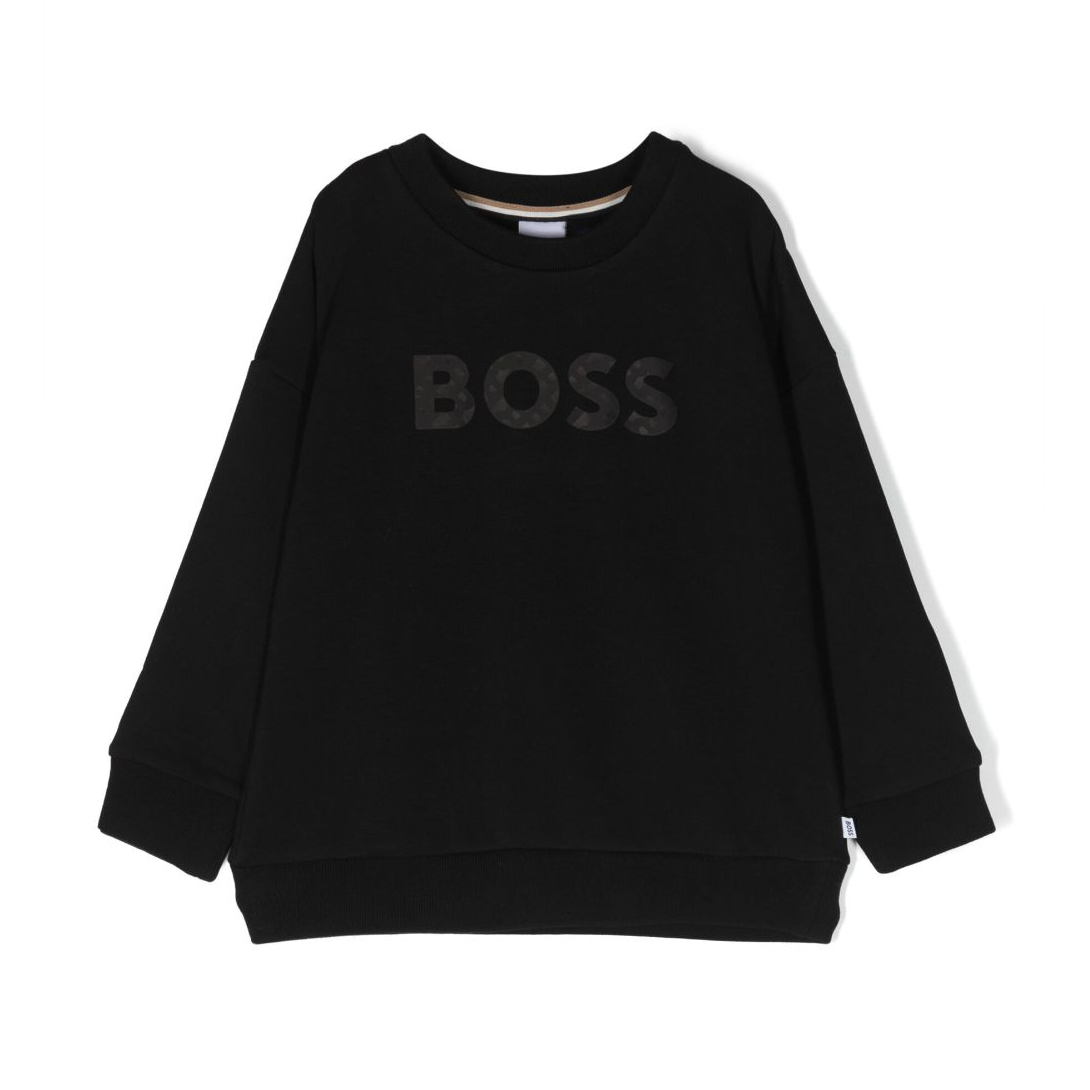 Black sweatshirt with 'BOSS' logo on a white background
