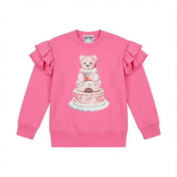 Moschino sweatshirt featuring teddy bear on cake graphic and ruffled sleeves, available at Lestyle Boutique Melbourne