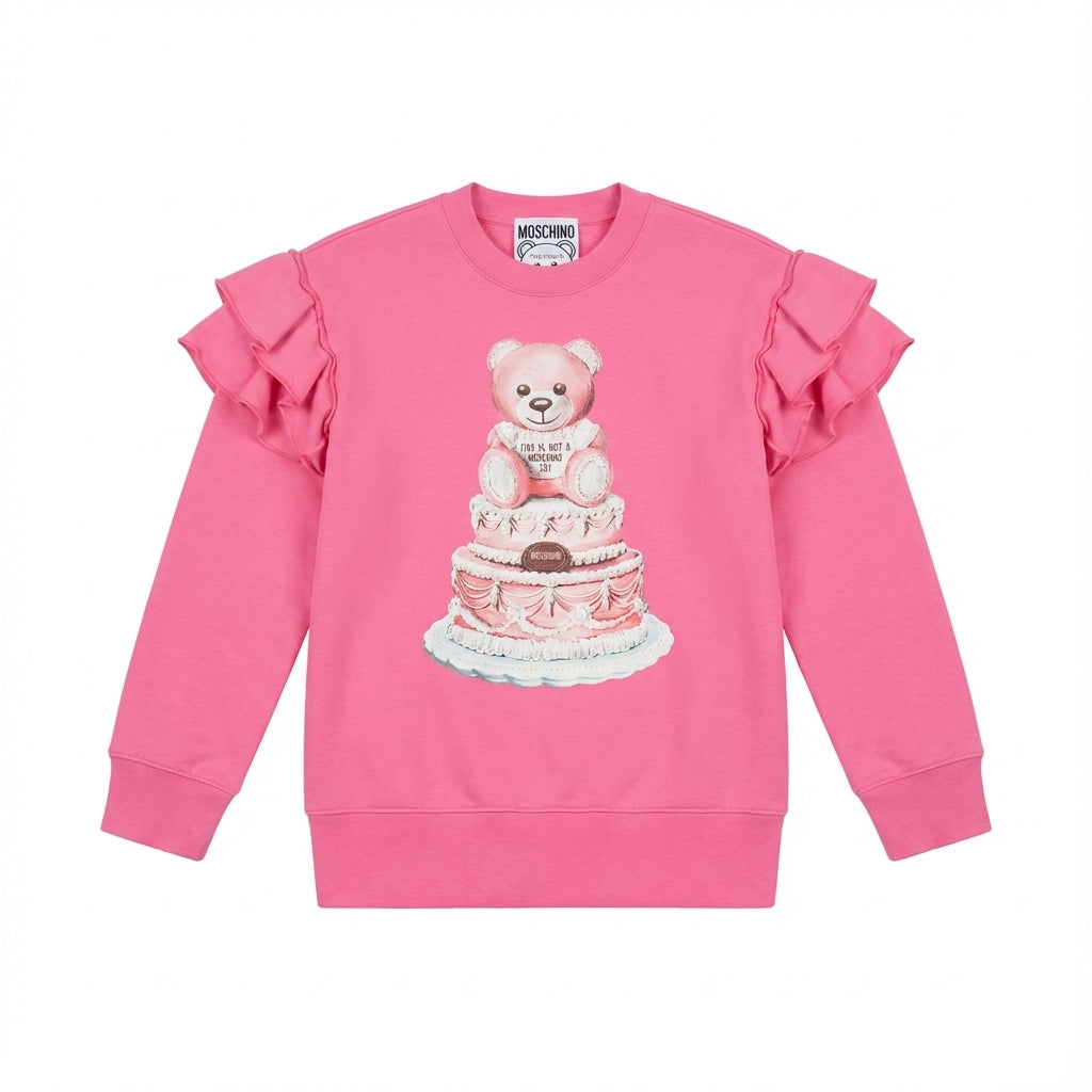 Moschino sweatshirt featuring teddy bear on cake graphic and ruffled sleeves, available at Lestyle Boutique Melbourne