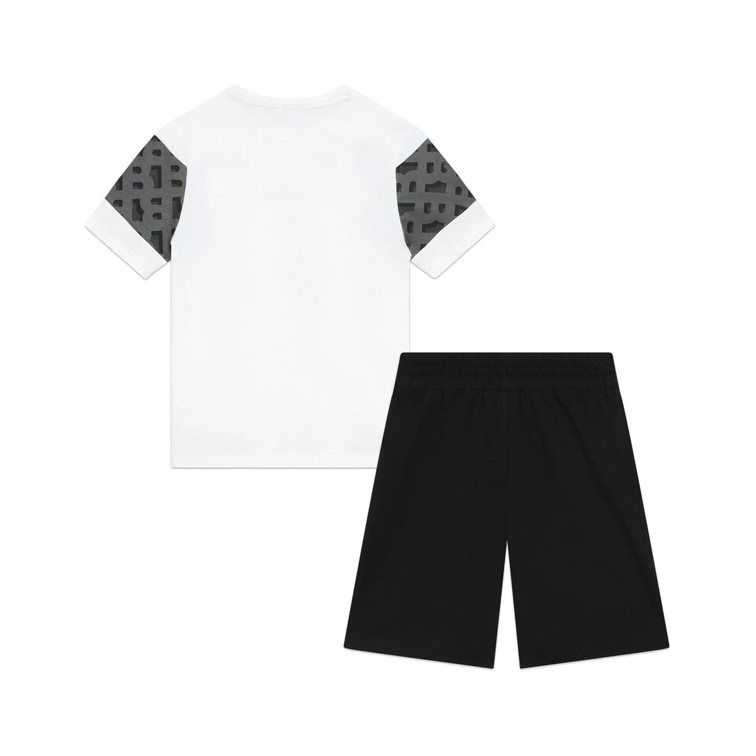 BOSS Kidswear logo-print cotton tracksuit set in white and black, featuring a stylish T-shirt and shorts, available at Lestyle Boutique Melbourne.
