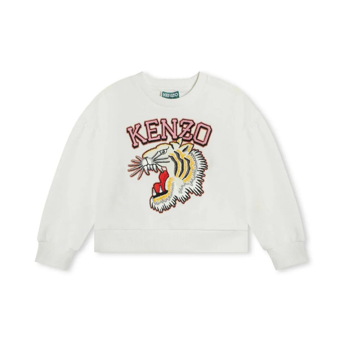 Kenzo Kids ivory sweatshirt with an embroidered Tiger Head motif, available at Lestyle Boutique. Perfect for a bold and stylish look.