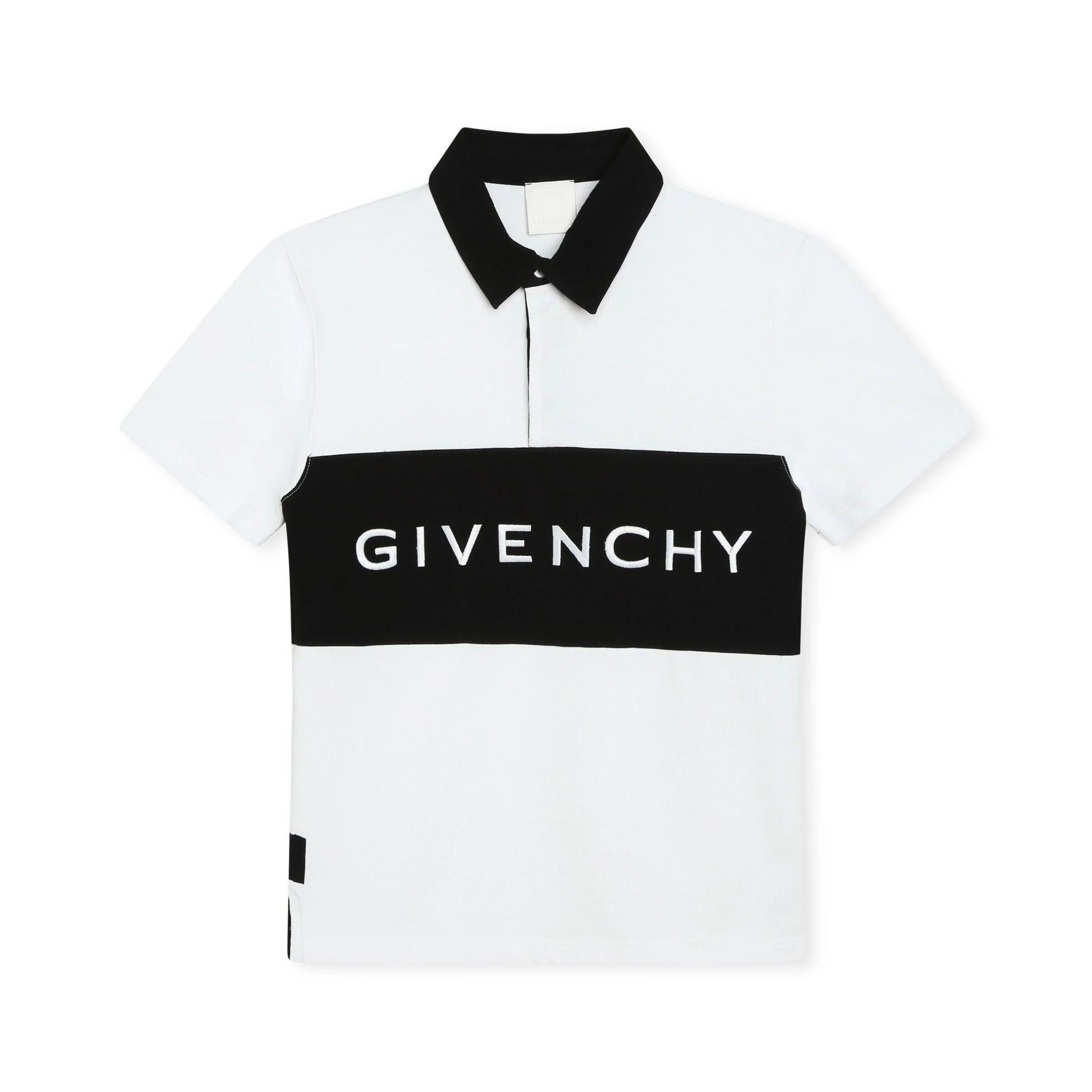 White and black Givenchy Kids two-tone polo shirt with an embroidered logo, available at Lestyle Boutique Melbourne.