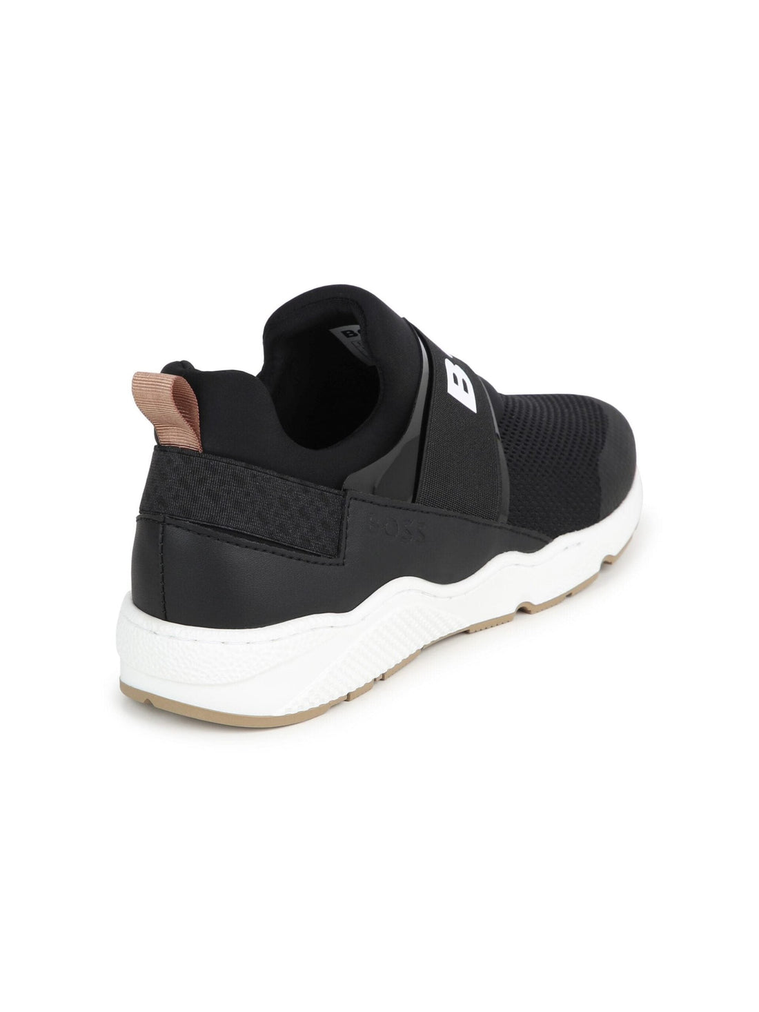 Stylish BOSS kids sneakers in black and white, featuring a trendy slip-on design with a prominent logo print. Made from high-quality leather and mesh, these shoes offer both comfort and durability. The chunky rubber sole ensures excellent traction, making them perfect for active children. Ideal for casual outings or playdates, these sneakers combine functionality with a fashionable edge, available at Lestyle Boutique Melbourne.
