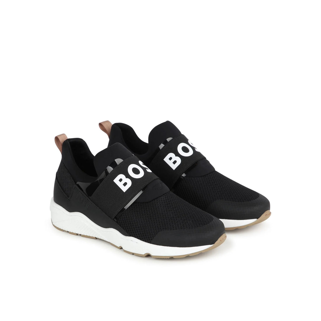 Stylish BOSS kids sneakers in black and white, featuring a trendy slip-on design with a prominent logo print. Made from high-quality leather and mesh, these shoes offer both comfort and durability. The chunky rubber sole ensures excellent traction, making them perfect for active children. Ideal for casual outings or playdates, these sneakers combine functionality with a fashionable edge, available at Lestyle Boutique Melbourne.