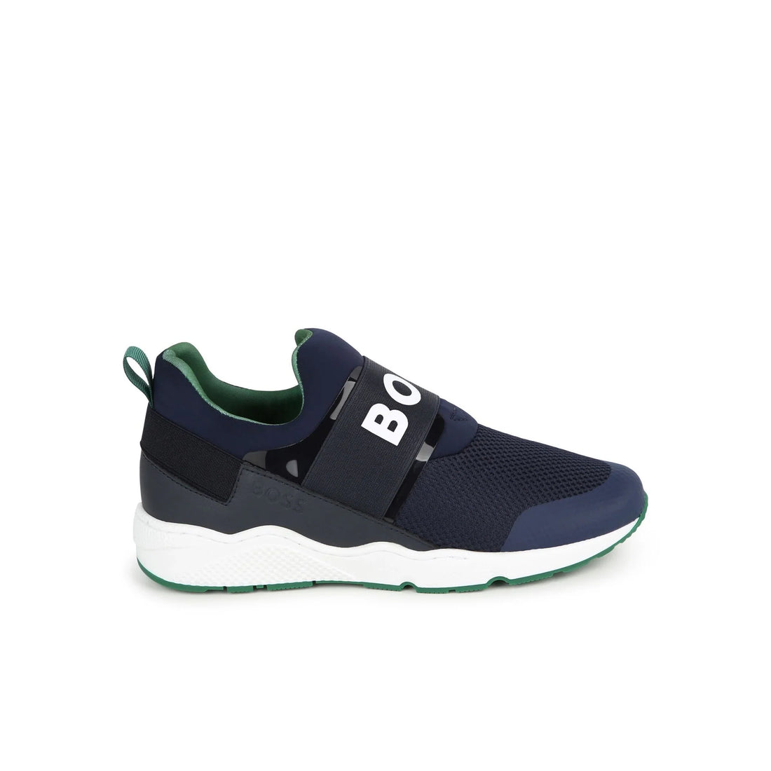 BOSS KIDS navy slip-on sneakers featuring a stylish logo print across the front and a convenient pull-tab at the heel for easy wear. Crafted from a premium mesh and leather outer with a soft fabric lining, these sneakers are designed for comfort and durability. The rubber sole provides excellent traction, making them perfect for active days. Ideal for young boys who appreciate both style and functionality, available at Lestyle Boutique Melbourne.