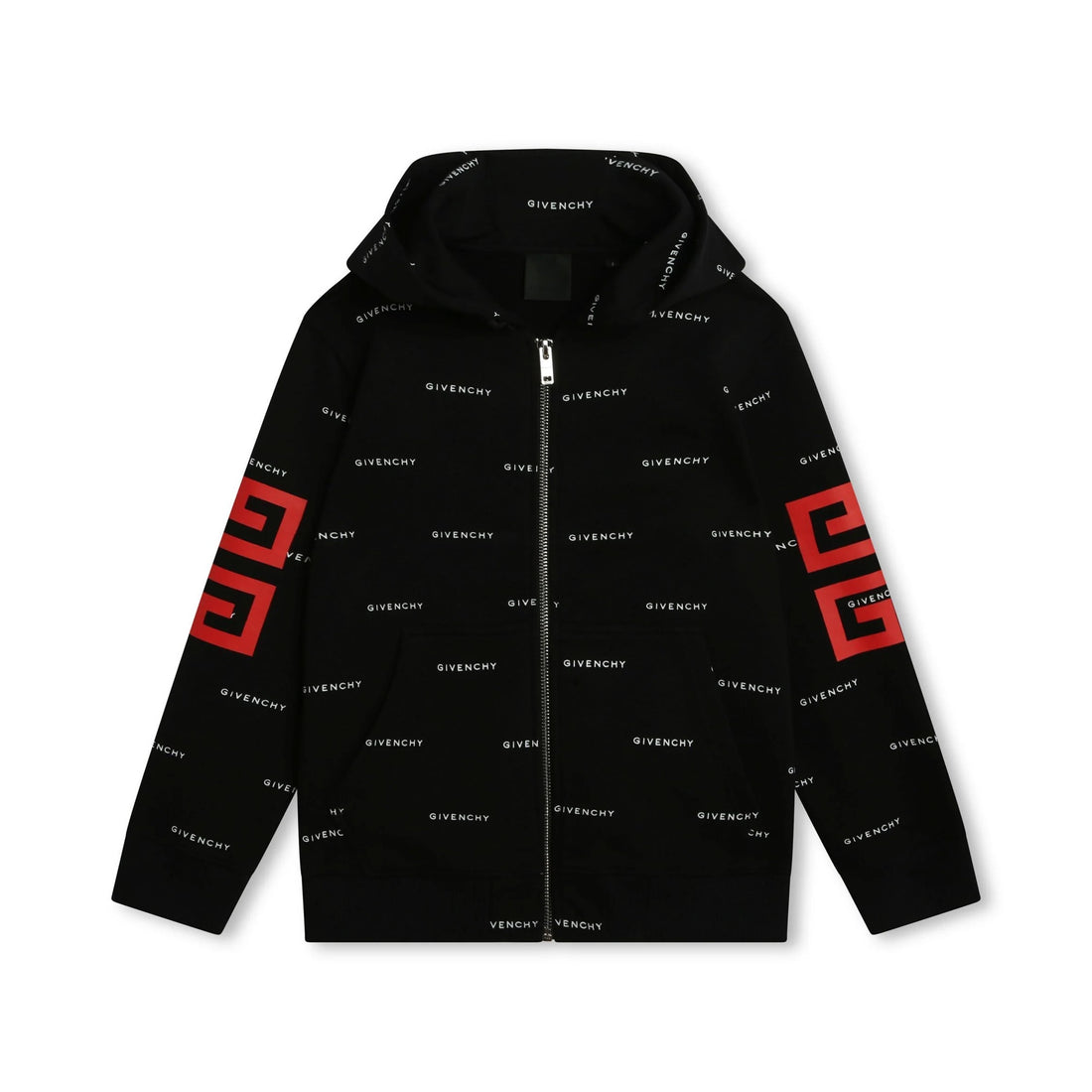 Givenchy Kids black zip-up hoodie with all-over logo pattern and 4G motif, available at Lestyle Boutique Melbourne.