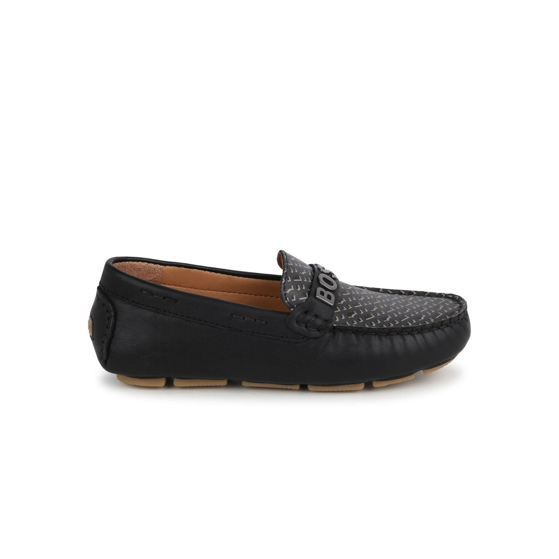 Premium BOSS kids loafers in sleek black leather featuring a stylish logo-plaque design. These luxury shoes showcase a comfortable fit with a classic silhouette, perfect for both casual and formal occasions. The high-quality craftsmanship ensures durability and style, making them an ideal choice for young fashion enthusiasts. Available at Lestyle Boutique Melbourne.